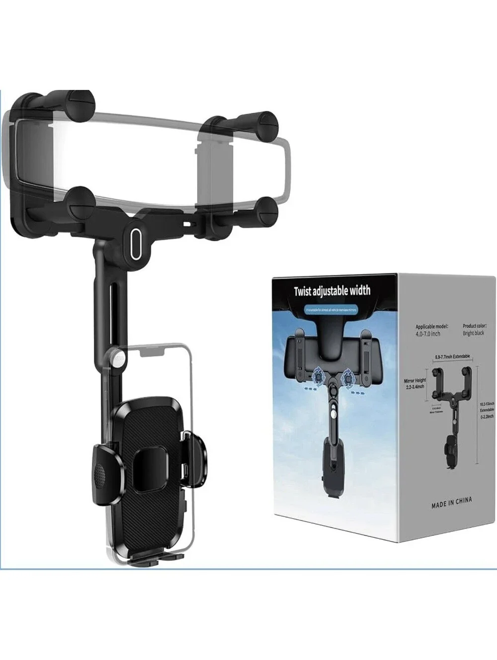 Car Rear View Mirror Phone Holder 360° Rotatable Retractable Universal Mount NEW